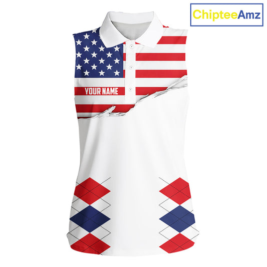 Womens US Flag Golf Shirts Patriotic Golf Jersey Custom Red And Blue Golf Sleeveless Polo Golf Gifts NYN3054
