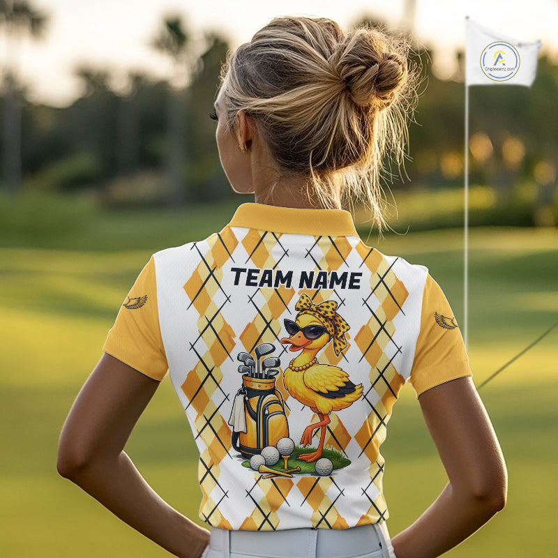Womens Funny Duck Golfer Polo Golf Shirts Custom White Yellow Argyle Golf Team Attire For Golfers NYN3057