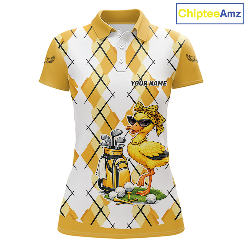 Womens Funny Duck Golfer Polo Golf Shirts Custom White Yellow Argyle Golf Team Attire For Golfers NYN3057