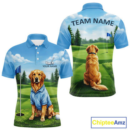 Men's Golden Retriever golf polo shirt mockup custom funny golf shirt matching couples golf apparel