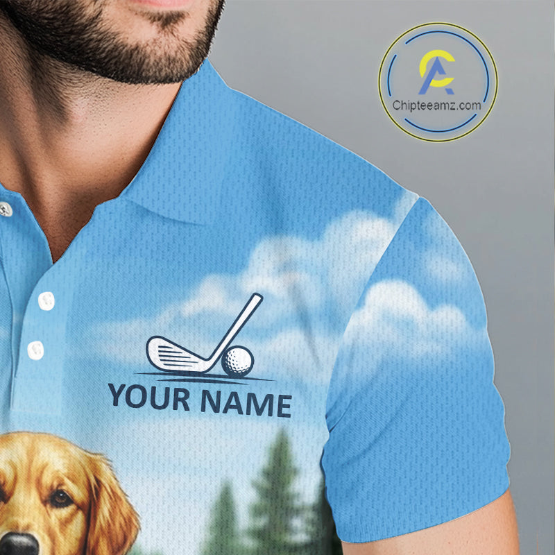 Man wearing Golden Retriever golf polo shirt on golf course matching couples golf outfit