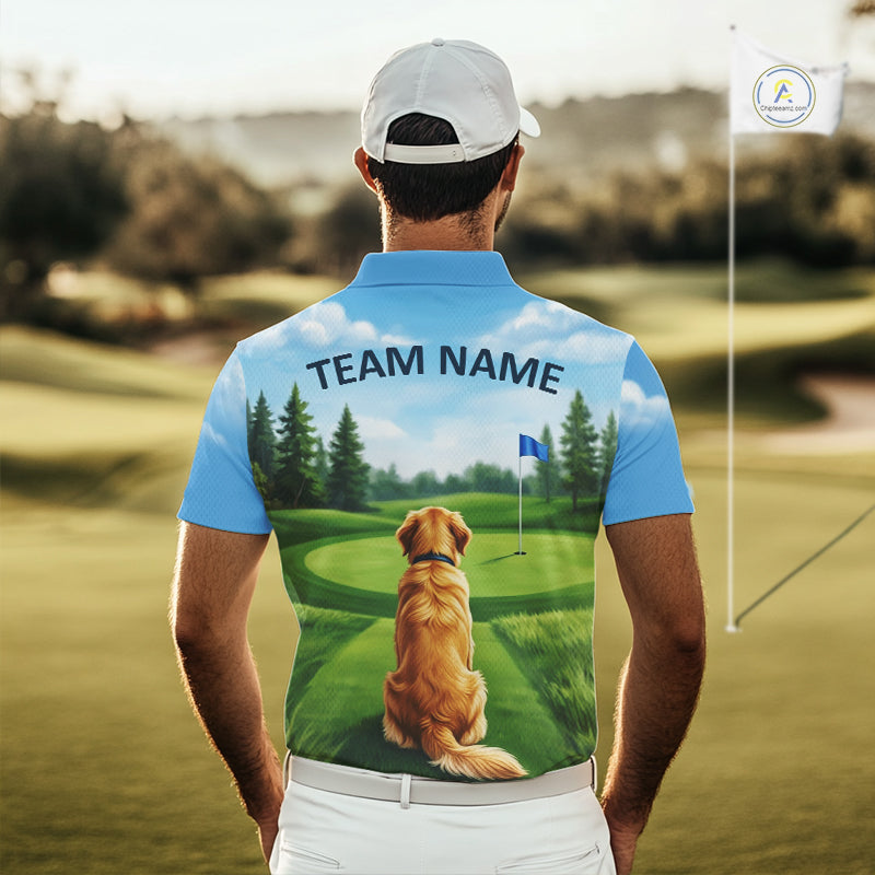 Man wearing Golden Retriever golf polo shirt on golf course matching couples golf outfit