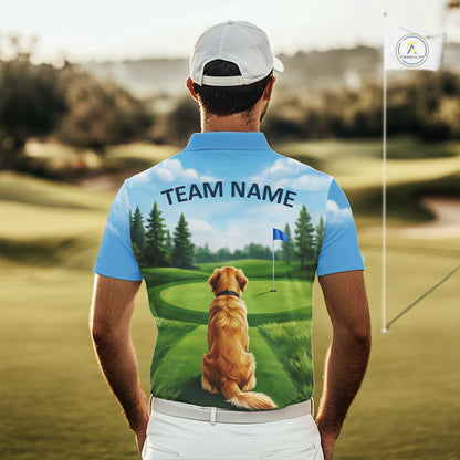 Man wearing Golden Retriever golf polo shirt on golf course matching couples golf outfit