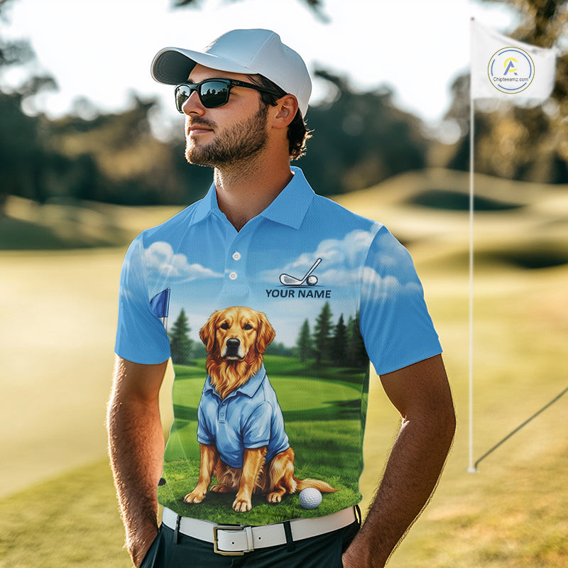 Man wearing Golden Retriever golf polo shirt on golf course matching couples golf outfit