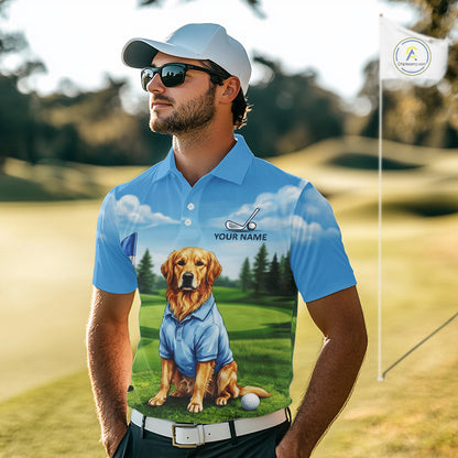 Man wearing Golden Retriever golf polo shirt on golf course matching couples golf outfit
