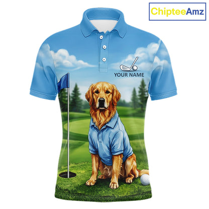 Men's Golden Retriever golf polo shirt mockup custom funny golf shirt matching couples golf apparel