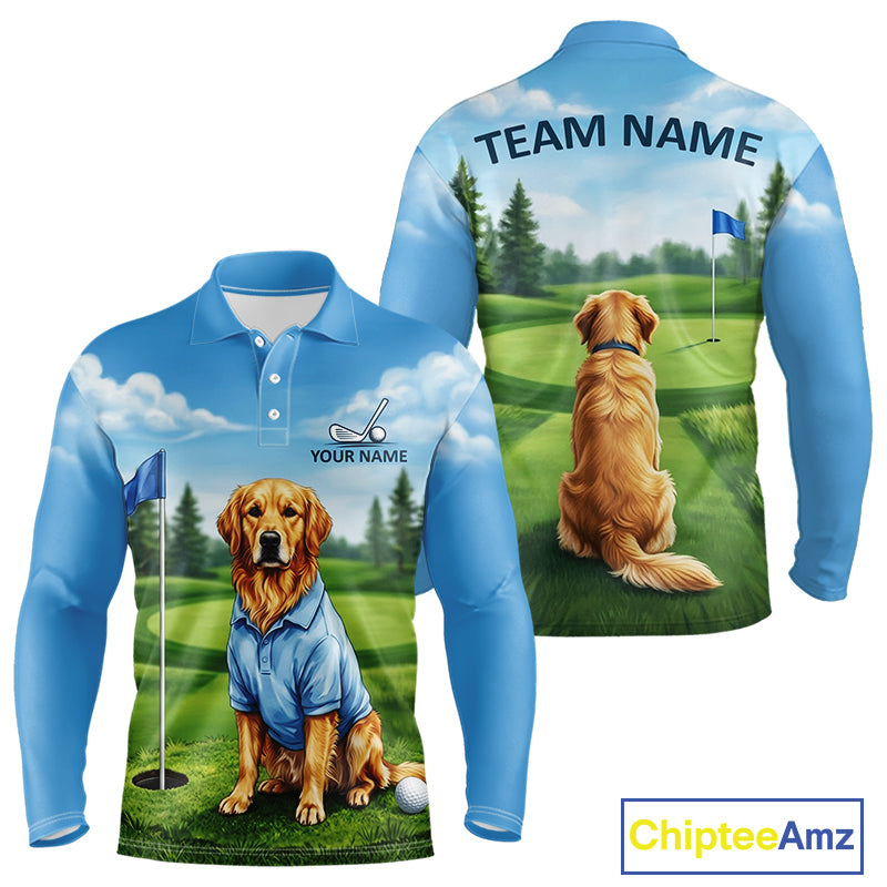 Men's Golden Retriever golf polo shirt mockup custom funny golf shirt matching couples golf apparel