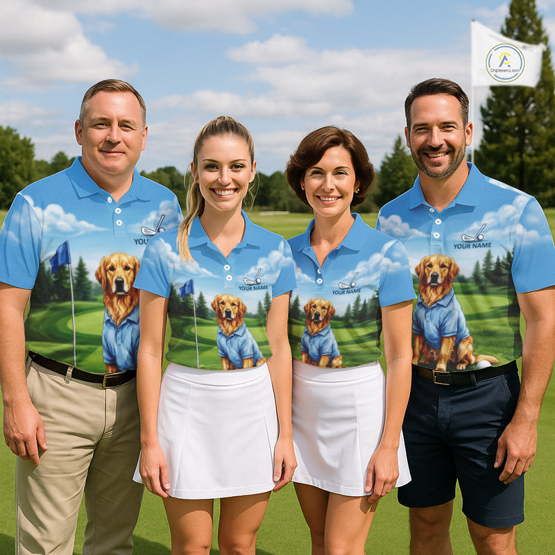 Men's golf team wearing Golden Retriever golf polo shirts custom golf team apparel