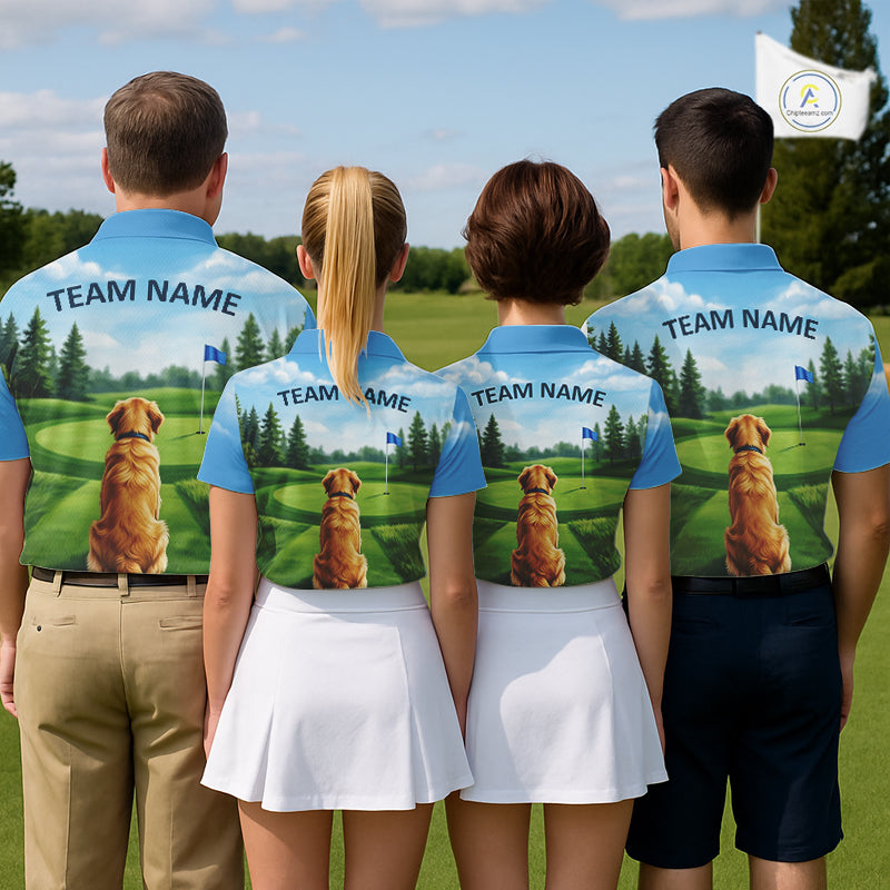 Men's golf team wearing Golden Retriever golf polo shirts custom golf team apparel