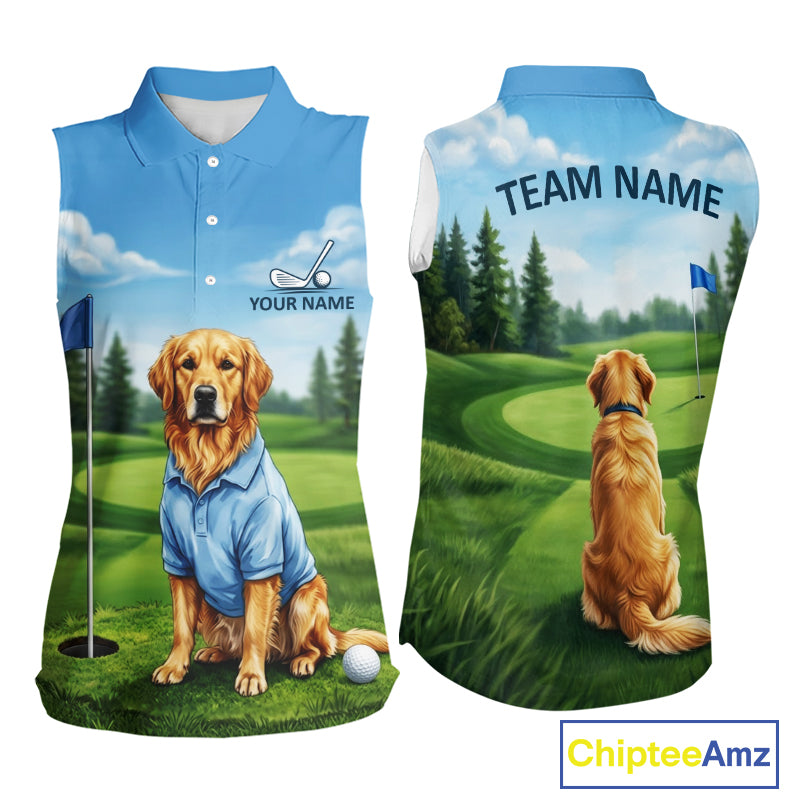Women's Golden Retriever golf sleeveless polo shirt mockup custom funny golf shirt matching couples golf apparel
