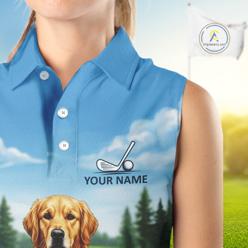 Woman wearing Golden Retriever golf sleeveless polo shirt on golf course matching couples golf outfit