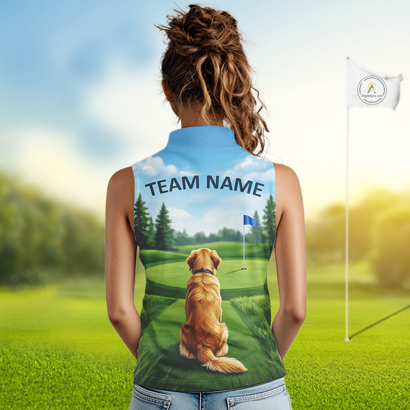 Woman wearing Golden Retriever golf sleeveless polo shirt on golf course matching couples golf outfit