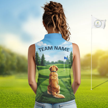Woman wearing Golden Retriever golf sleeveless polo shirt on golf course matching couples golf outfit