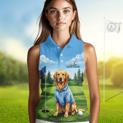 Woman wearing Golden Retriever golf sleeveless polo shirt on golf course matching couples golf outfit