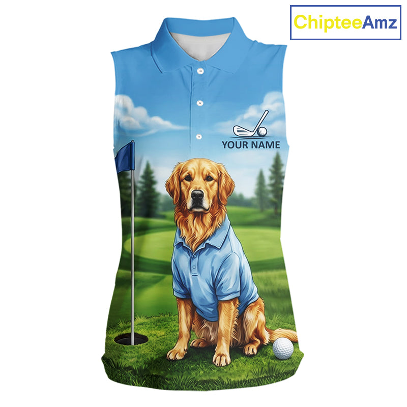 Women's Golden Retriever golf sleeveless polo shirt mockup custom funny golf shirt matching couples golf apparel