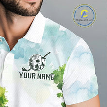 Load image into Gallery viewer, Man wearing watercolor golf course golf polo shirt on fairway