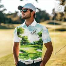 Load image into Gallery viewer, Man wearing watercolor golf course golf polo shirt on fairway