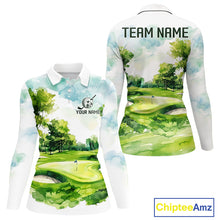 Load image into Gallery viewer, Women's green watercolor golf course polo shirt mockup personalized golf apparel