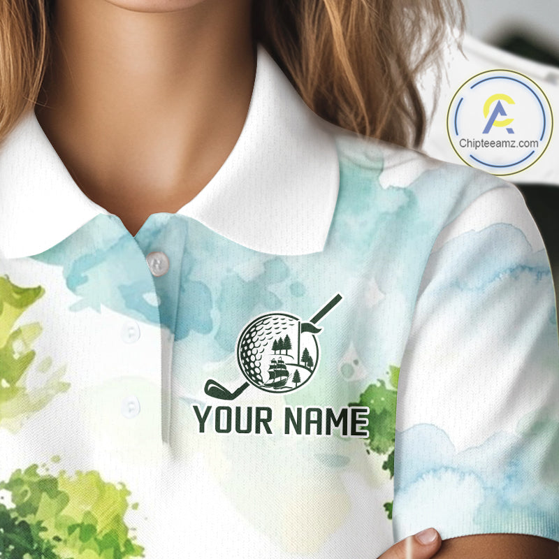 Woman wearing watercolor golf course golf polo shirt on fairway