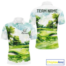 Load image into Gallery viewer, Men's green watercolor golf course polo shirt mockup personalized golf apparel