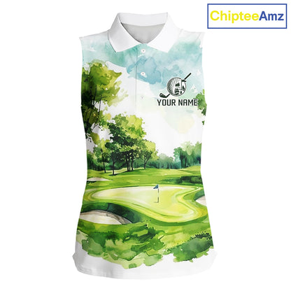 Women's green watercolor golf course polo shirt mockup personalized golf apparel
