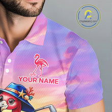 Load image into Gallery viewer, Man wearing flamingo island golf polo shirt on golf course