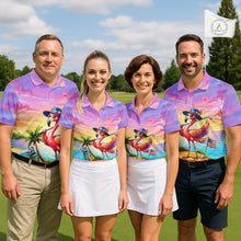 Load image into Gallery viewer, Men's golf team wearing tropical flamingo golf polo shirts