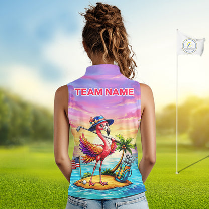 Woman wearing flamingo island golf sleeveless polo shirt on golf course