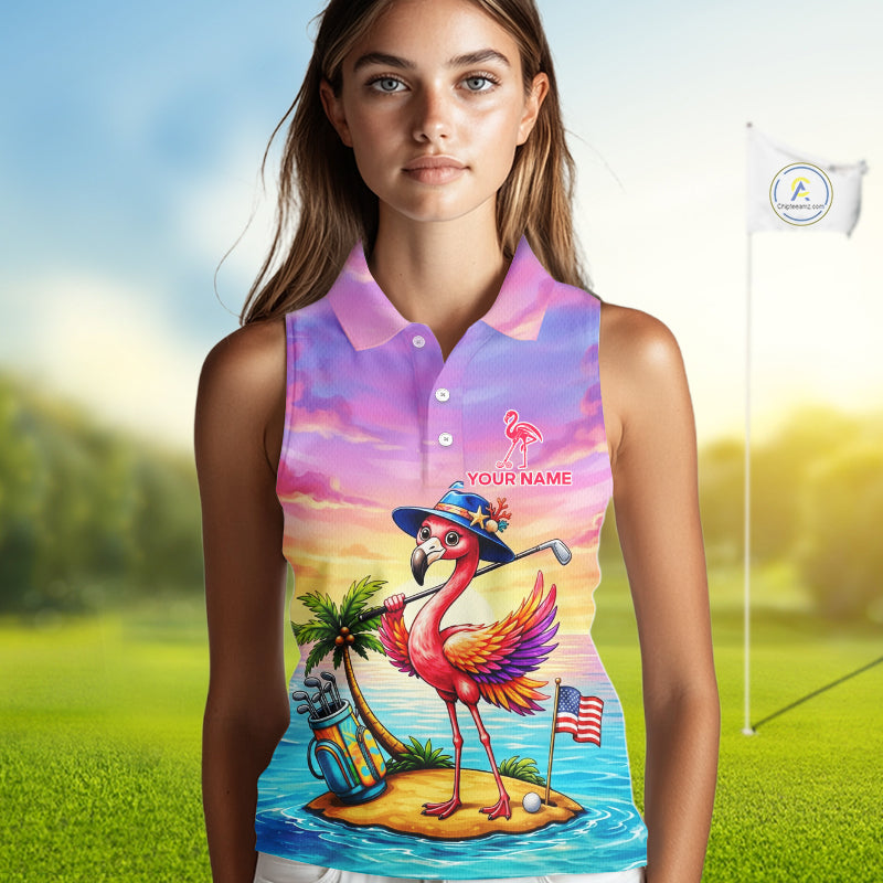Woman wearing flamingo island golf sleeveless polo shirt on golf course