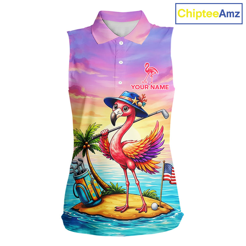 Women's flamingo island golf ball sleeveless polo shirt mockup tropical golf attire