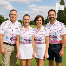 Load image into Gallery viewer, Golf team wearing matching American Flag flamingo golf polos during Independence Day tournament, personalized golf uniforms symbolizing unity, patriotism, teamwork, friendship and championship spirit.