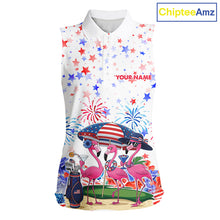 Load image into Gallery viewer, Women's American Flag &amp; Pink Flamingo sleeveless golf polo mockup featuring patriotic tropical artwork, personalized UPF golf apparel for Independence Day golf tournaments, golf clubs and holiday outings. Appeals to patriotic Americans, flamingo lovers, RV travelers and beach lovers.