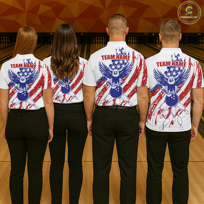 Bowling team wearing matching Grunge American Flag Eagle jerseys for league tournament, patriotic sports event, corporate team building, military appreciation, American heritage celebration, bowling championship apparel.