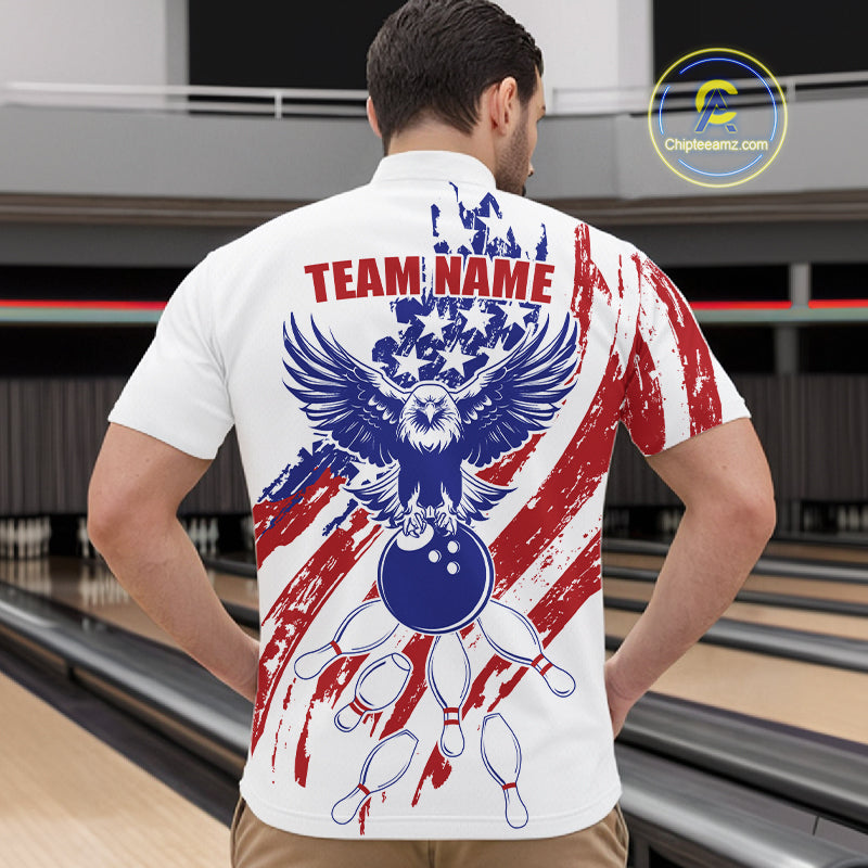 Male athlete wearing grunge American eagle bowling shirt, patriotic bowling fashion, freedom-inspired sportswear, custom bowling team apparel, USA league uniform, eagle symbolism.
