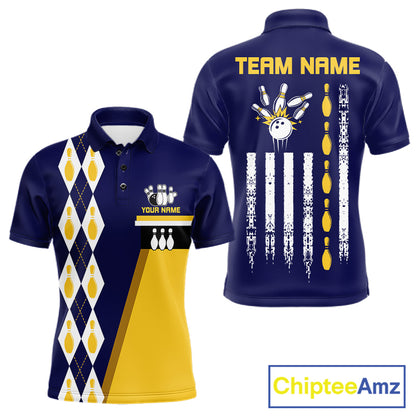 Yellow And Navy Blue Retro US Flag Bowling Shirt For Men Custom Patriotic Bowling Tournament Jersey NYN3774