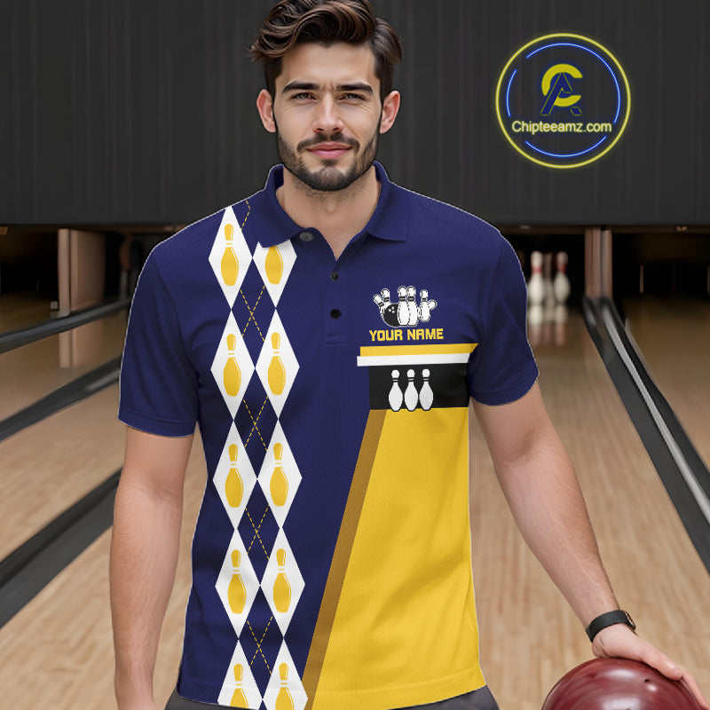 Yellow And Navy Blue Retro US Flag Bowling Shirt For Men Custom Patriotic Bowling Tournament Jersey NYN3774