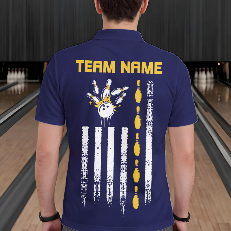 Yellow And Navy Blue Retro US Flag Bowling Shirt For Men Custom Patriotic Bowling Tournament Jersey NYN3774