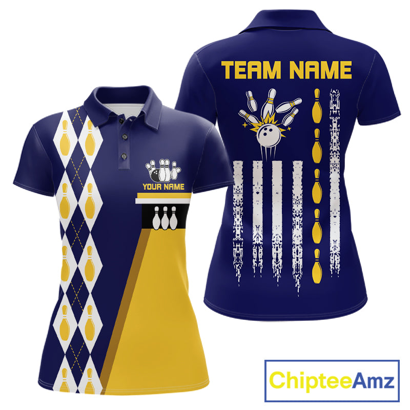 Woman wearing Yellow & Navy Blue Retro US Flag Bowling Polo Shirt featuring vintage American flag design, patriotic bowling apparel, custom league jersey, Independence Day bowling outfit.