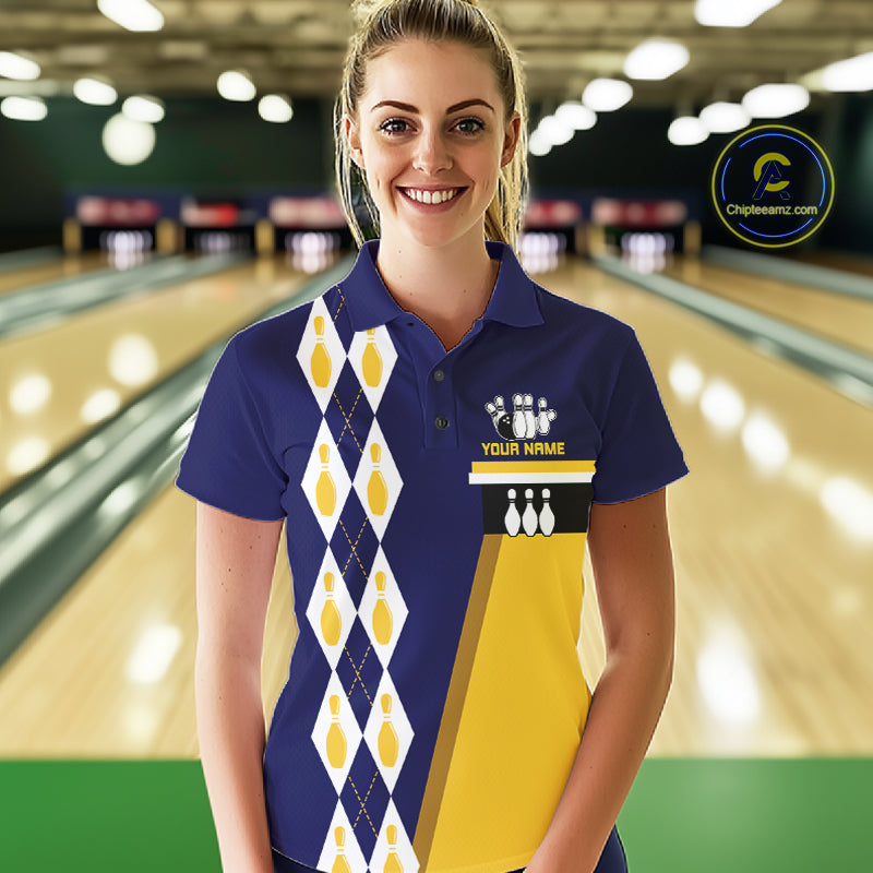 Female bowler modeling patriotic retro USA bowling shirt, American heritage apparel, Independence Day sports fashion, freedom symbolism.