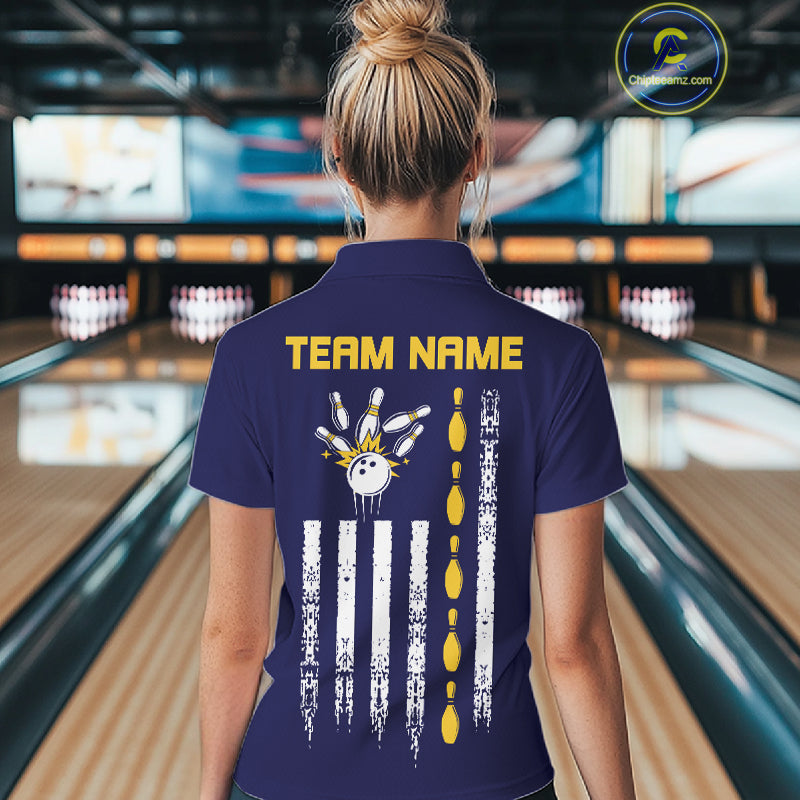 Female bowler modeling patriotic retro USA bowling shirt, American heritage apparel, Independence Day sports fashion, freedom symbolism.