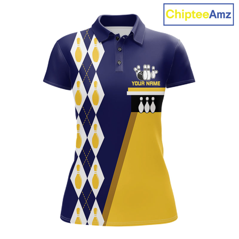 Woman wearing Yellow & Navy Blue Retro US Flag Bowling Polo Shirt featuring vintage American flag design, patriotic bowling apparel, custom league jersey, Independence Day bowling outfit.