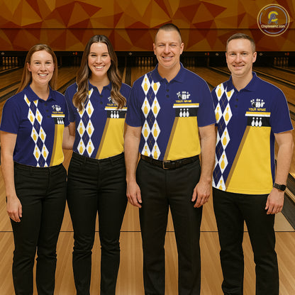 Bowling team wearing matching Retro US Flag bowling jerseys, patriotic team uniforms, Independence Day tournament apparel, Veterans Day sportswear, American pride bowling clothing.