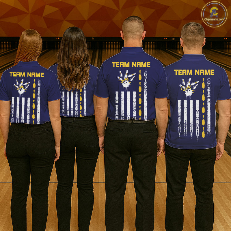 Bowling team wearing matching Retro US Flag bowling jerseys, patriotic team uniforms, Independence Day tournament apparel, Veterans Day sportswear, American pride bowling clothing.