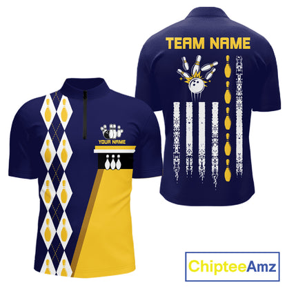Yellow And Navy Blue Retro US Flag Bowling Shirt For Men Custom Patriotic Bowling Tournament Jersey NYN3774