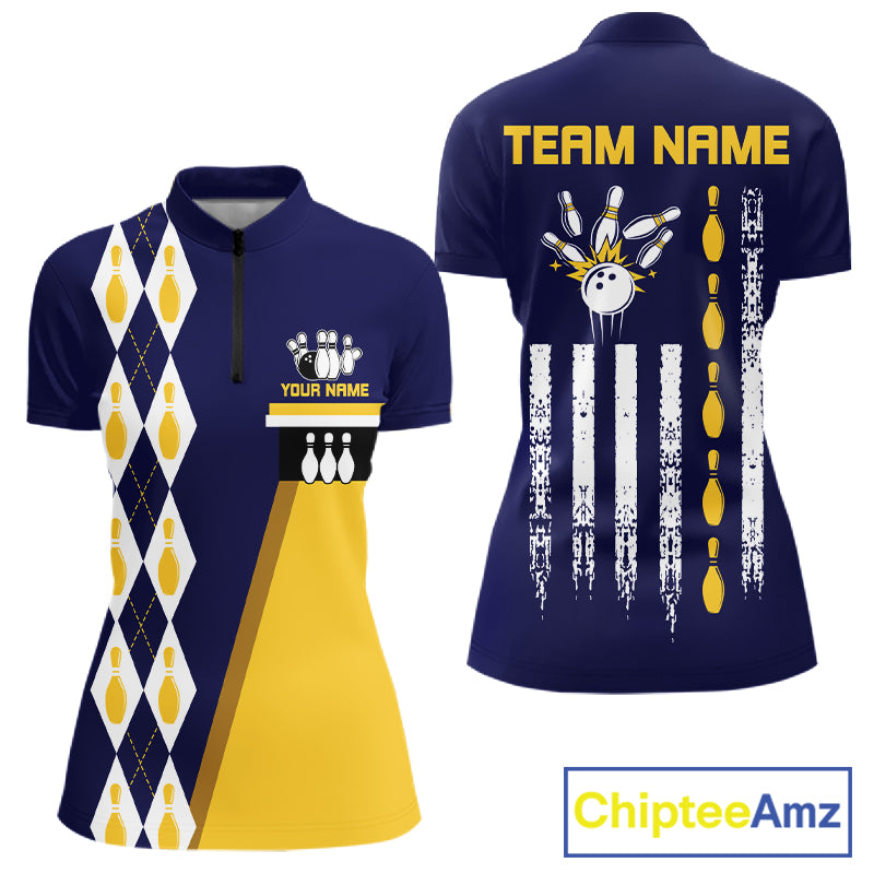 Woman wearing Yellow & Navy Blue Retro US Flag Quarter-Zip Bowling Shirt featuring custom patriotic graphics, breathable athletic jersey, bowling tournament apparel.