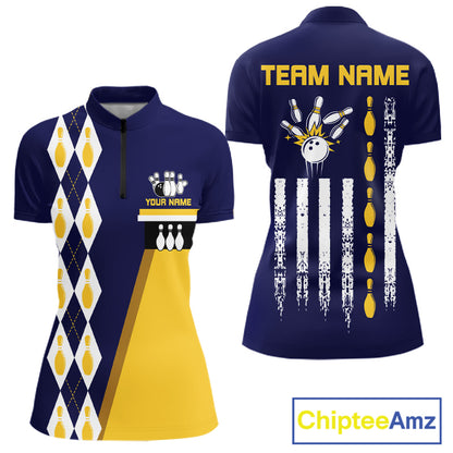 Woman wearing Yellow & Navy Blue Retro US Flag Quarter-Zip Bowling Shirt featuring custom patriotic graphics, breathable athletic jersey, bowling tournament apparel.