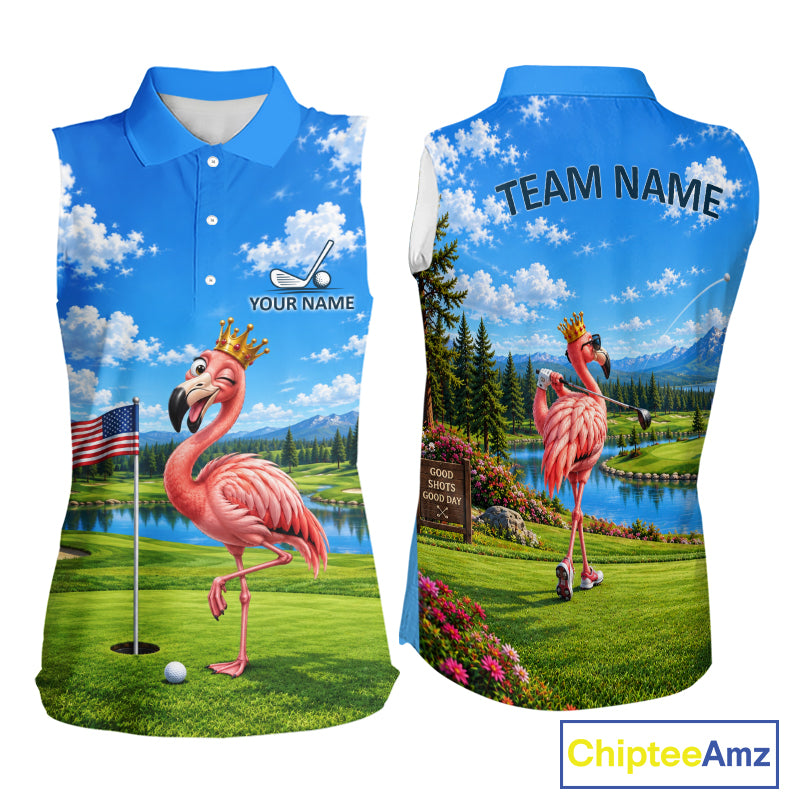 Crown Flamingo Golf Team Shirt Custom Funny Golf Sleeveless Polos For Women Matching Couples Golf Shirts NYN4441