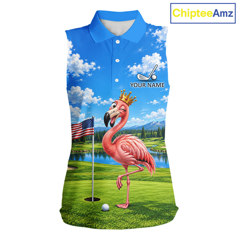 Crown Flamingo Golf Team Shirt Custom Funny Golf Sleeveless Polos For Women Matching Couples Golf Shirts NYN4441