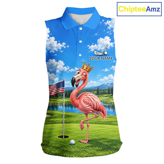 Crown Flamingo Golf Team Shirt Custom Funny Golf Sleeveless Polos For Women Matching Couples Golf Shirts NYN4441