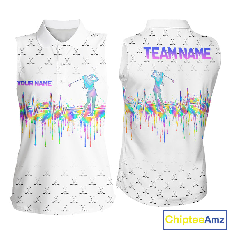 Holographic Rainbow Golf Heartbeat Golf Sleeveless Polo Shirt Fot Women Custom White Golf Clubs Team Shirt NYN4442